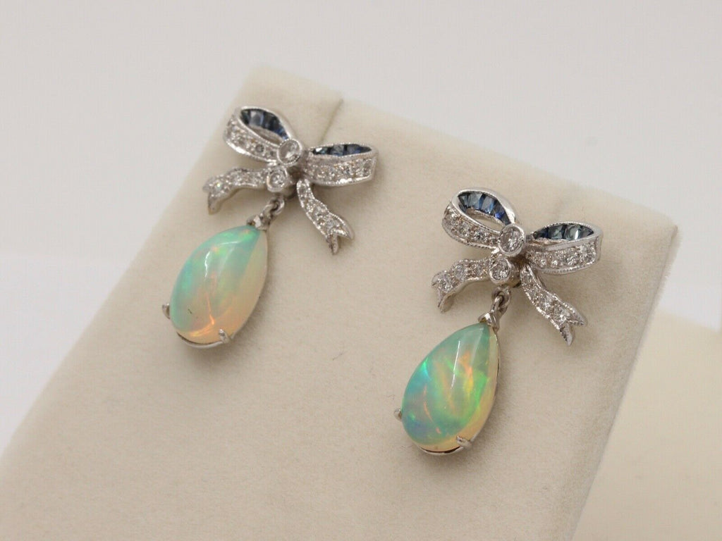 Vintage Estate Bow Opal, Diamond & Sapphire Dangling Earrings.