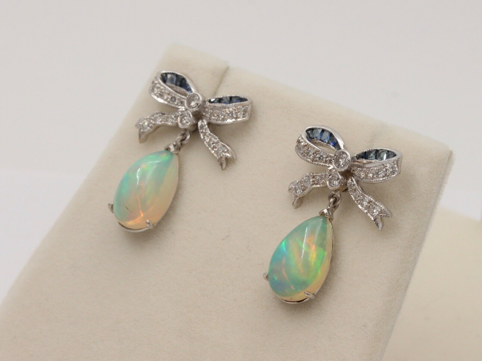 Vintage Estate Bow Opal, Diamond & Sapphire Dangling Earrings.