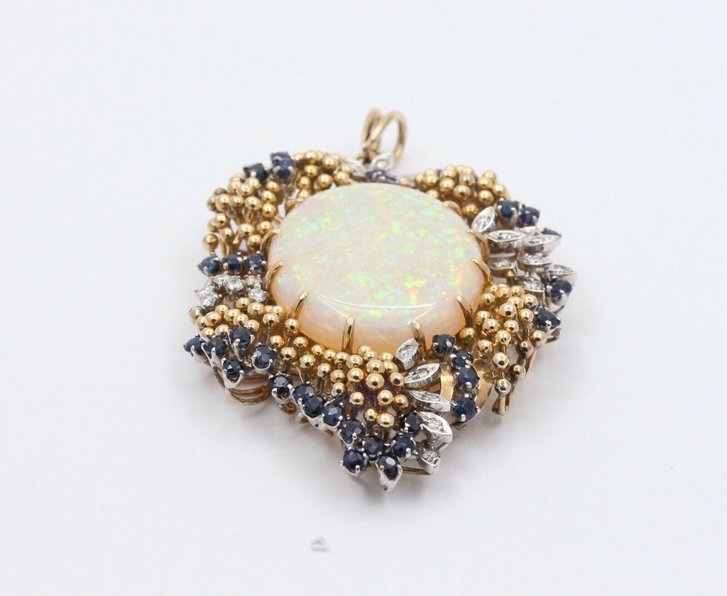 Vintage 14K Yellow Gold Giant Opal Diamond Sapphire Grape Pendent