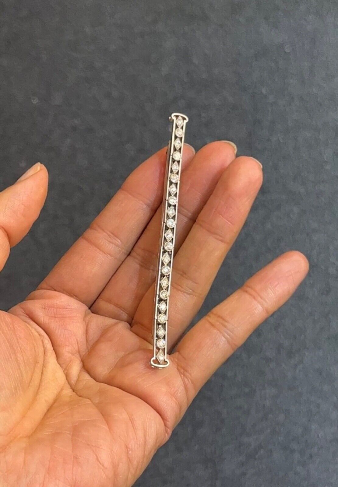 Vintage Platinum Diamond 3.5 Inches Wide Large Bar Pin, Estate Jewelry