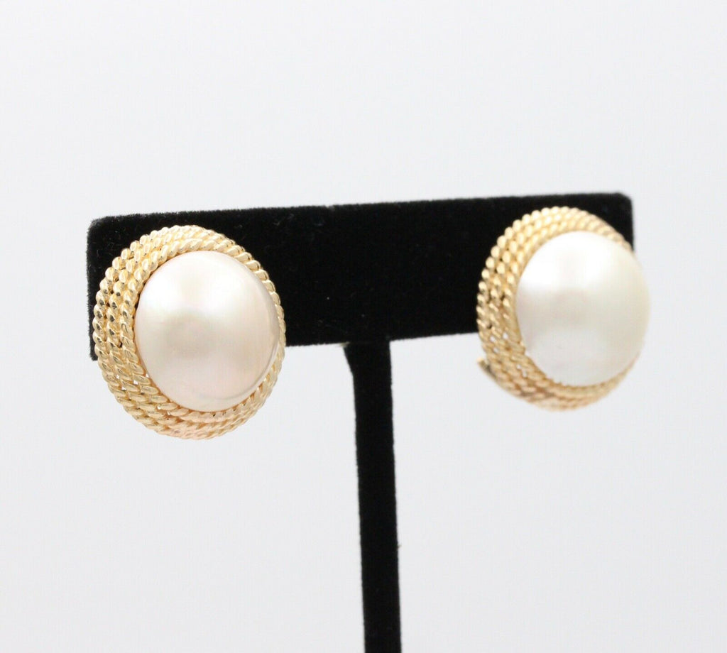 Vintage 14K Yellow Gold Large 16 mm Mabe Pearl Earrings.
