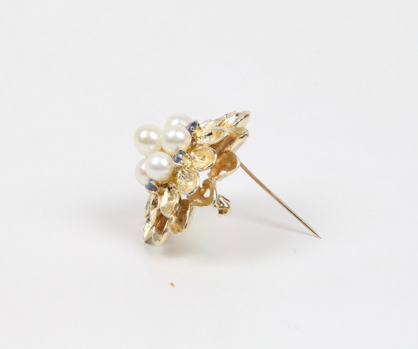 Vintage 14K Yellow Gold Pearl Sapphire Floral Brooch