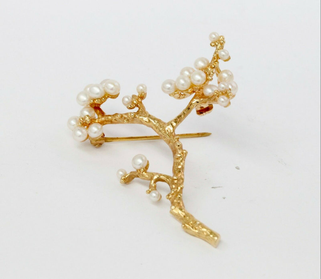 Vintage 14K Yellow Gold Pearl Branch Brooch