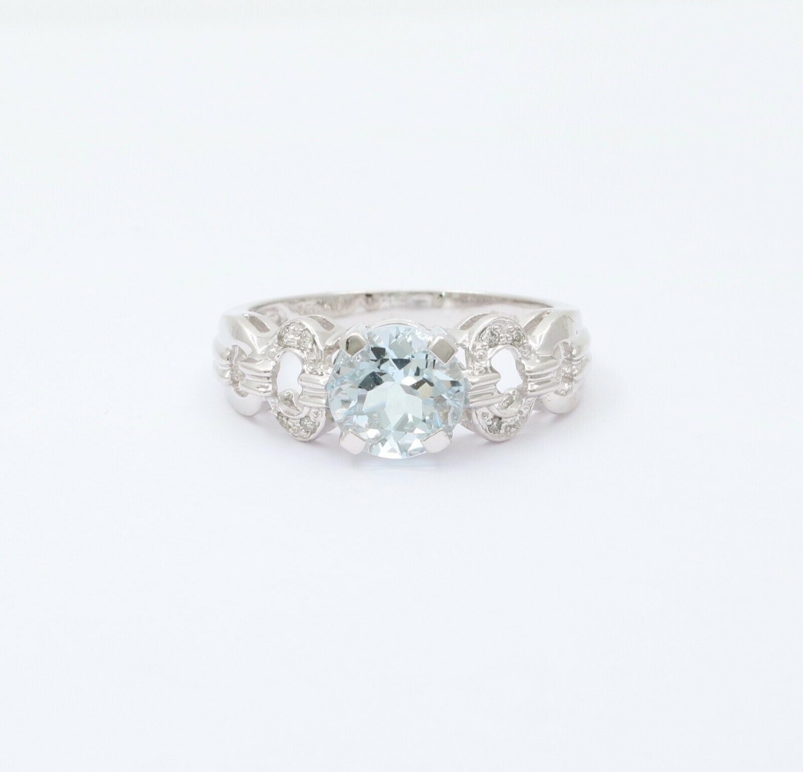 Vintage 14K White Gold Aquamarine Diamond Ring Band, Engagement Ring.