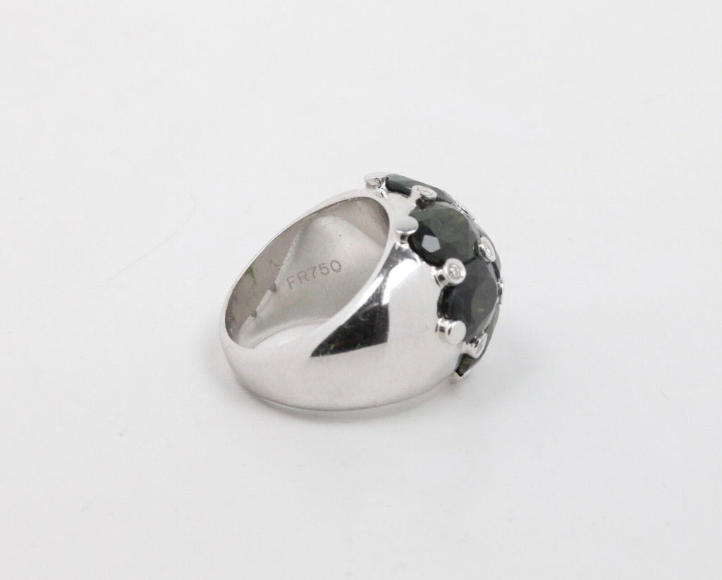 Vintage 18K White Gold  Green Tourmaline & Diamonds Dome Ring