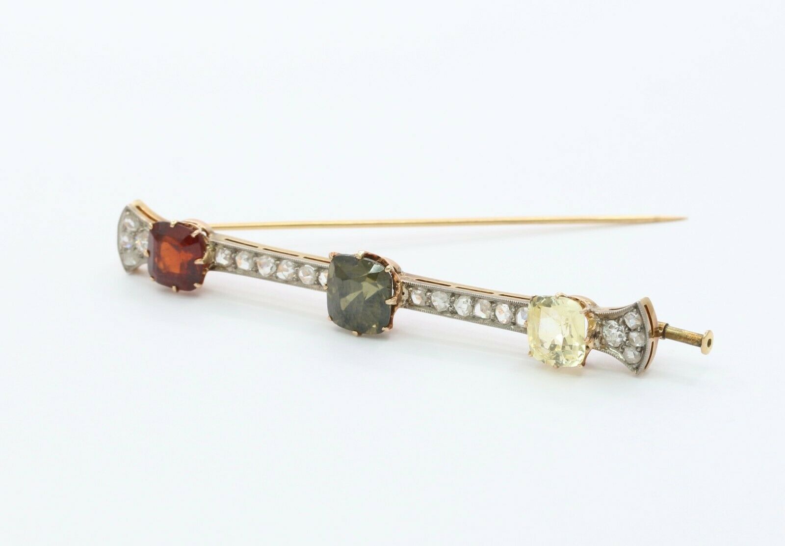 Edwardian 18K Yellow Gold Multi Colored Garnet Rose Cut Diamond Brooch