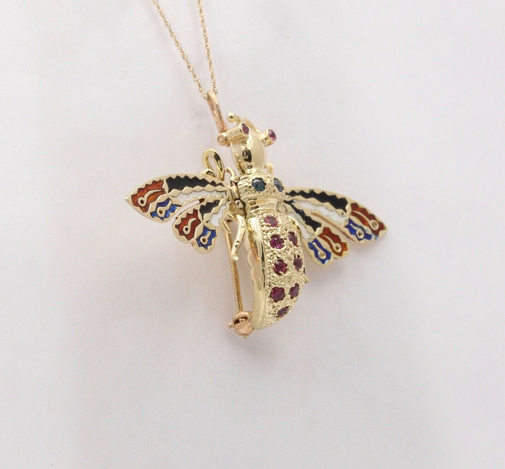 Vintage Movable Honey Bee Sapphires Rubies Enamel 14K Yellow Gold Brooch Pendant