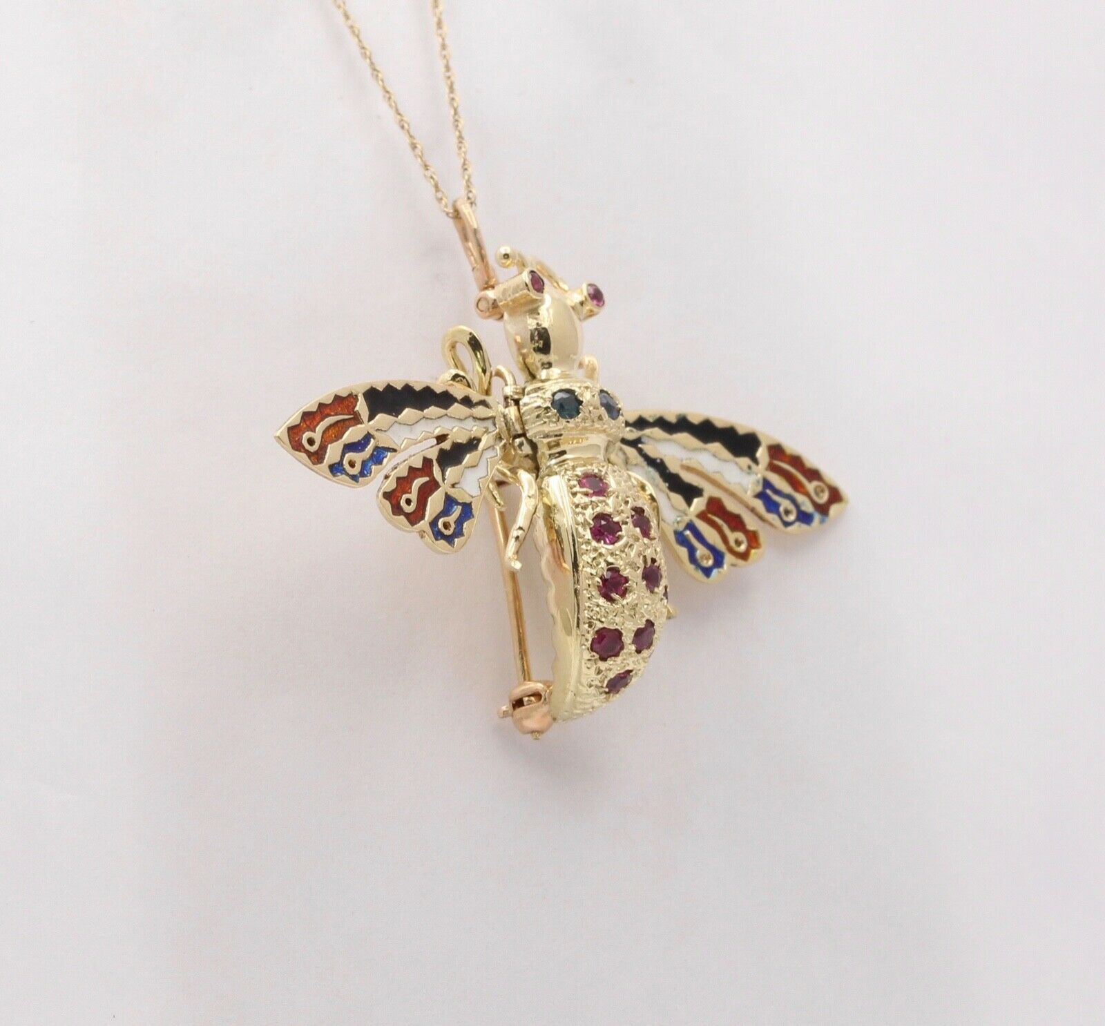 Vintage Movable Honey Bee Sapphires Rubies Enamel 14K Yellow Gold Brooch Pendant