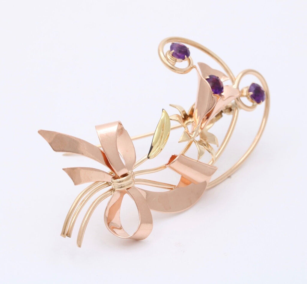 Vintage 10K Rose & Yellow Gold Amethyst Flower Bouquet Brooch Pin