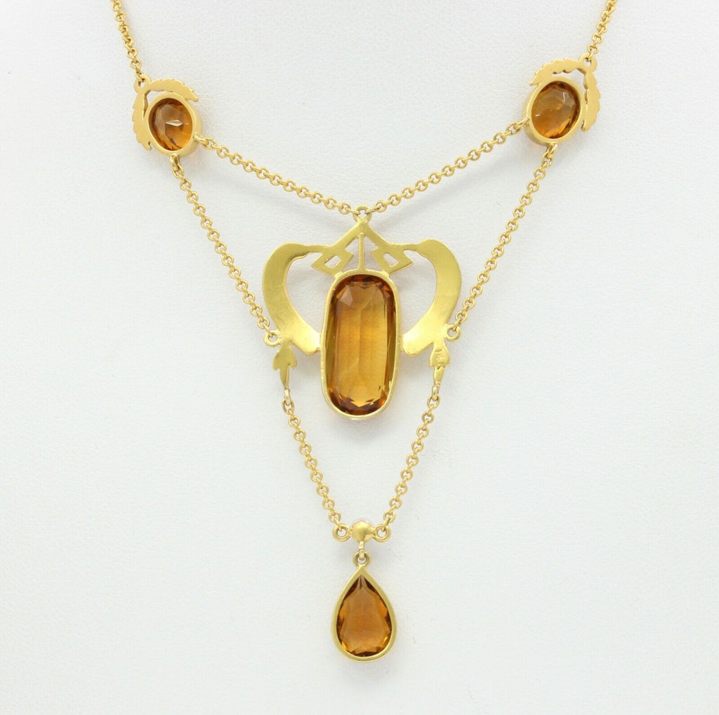 Art Nouveau 14K Yellow Gold Citrine Pearl Enamel Pendant Necklace