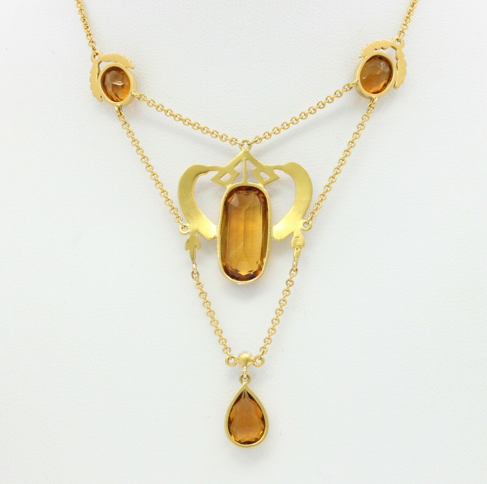 Art Nouveau 14K Yellow Gold Citrine Pearl Enamel Pendant Necklace