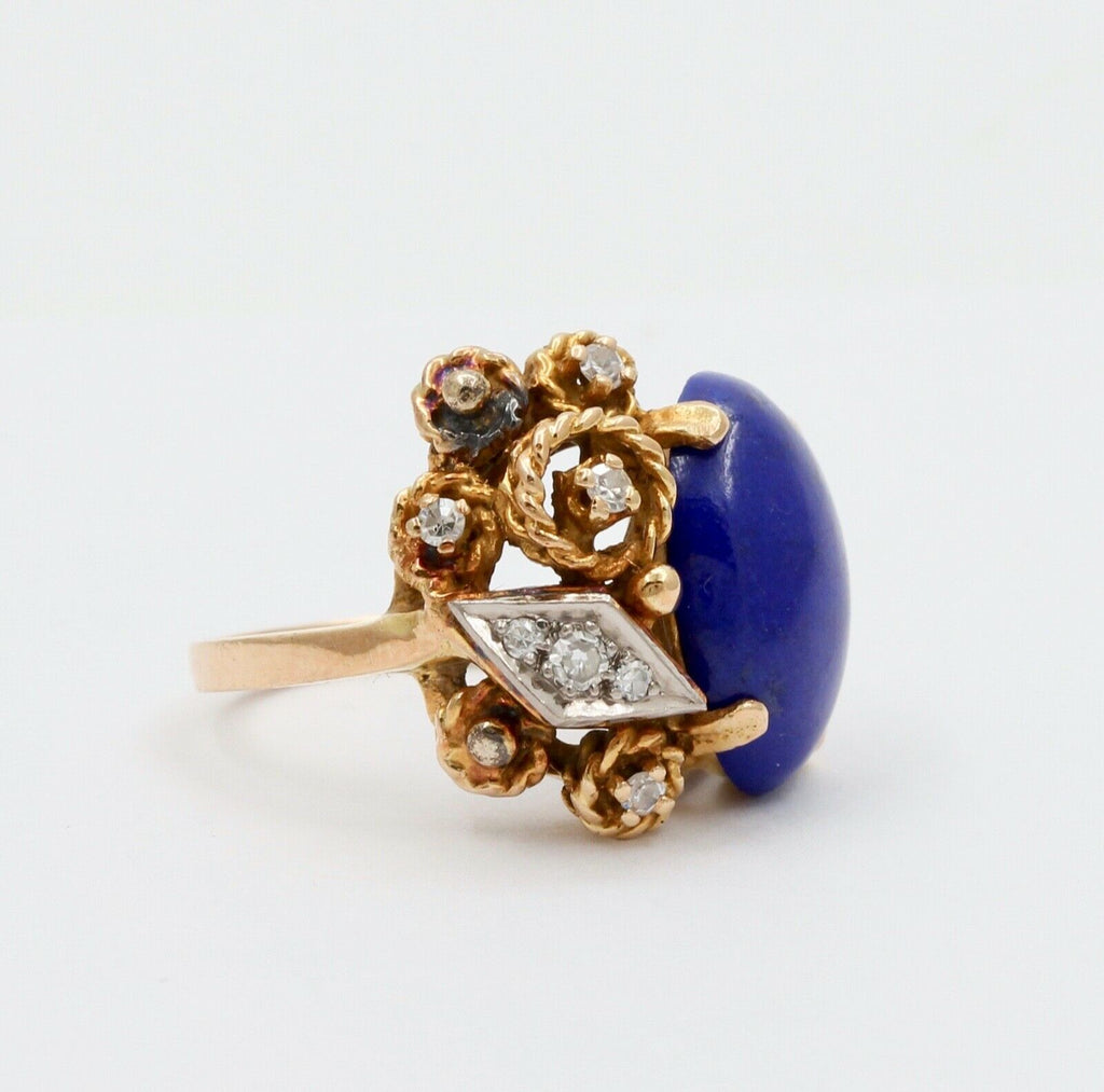 Vintage 14K Yellow Gold Lapis Lazuli & Diamond Artistic Ring