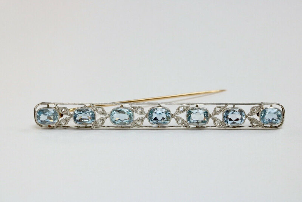 Look!! Art Deco Aquamarine Platinum 14K White Gold Bar Brooch Pin