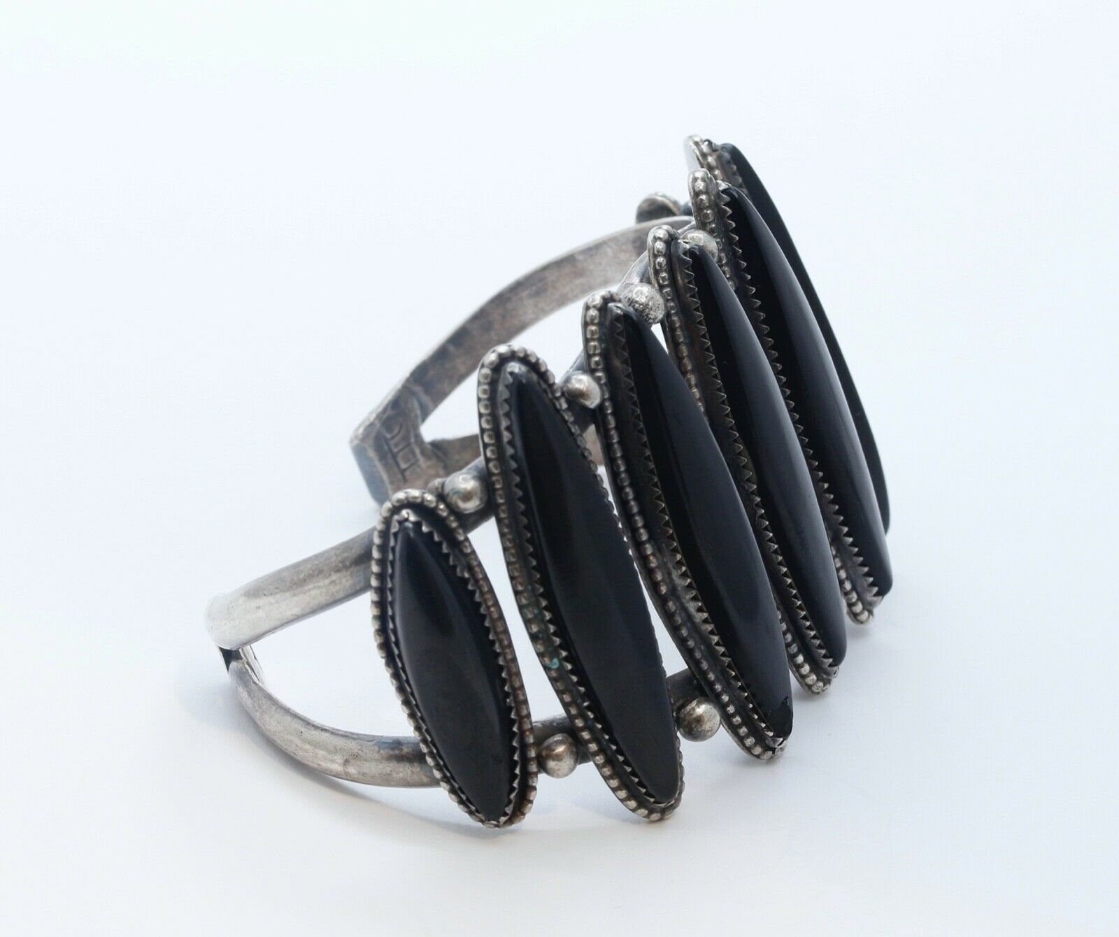 Vintage Silver Cuff Bracelet Beadwork and Black Stones