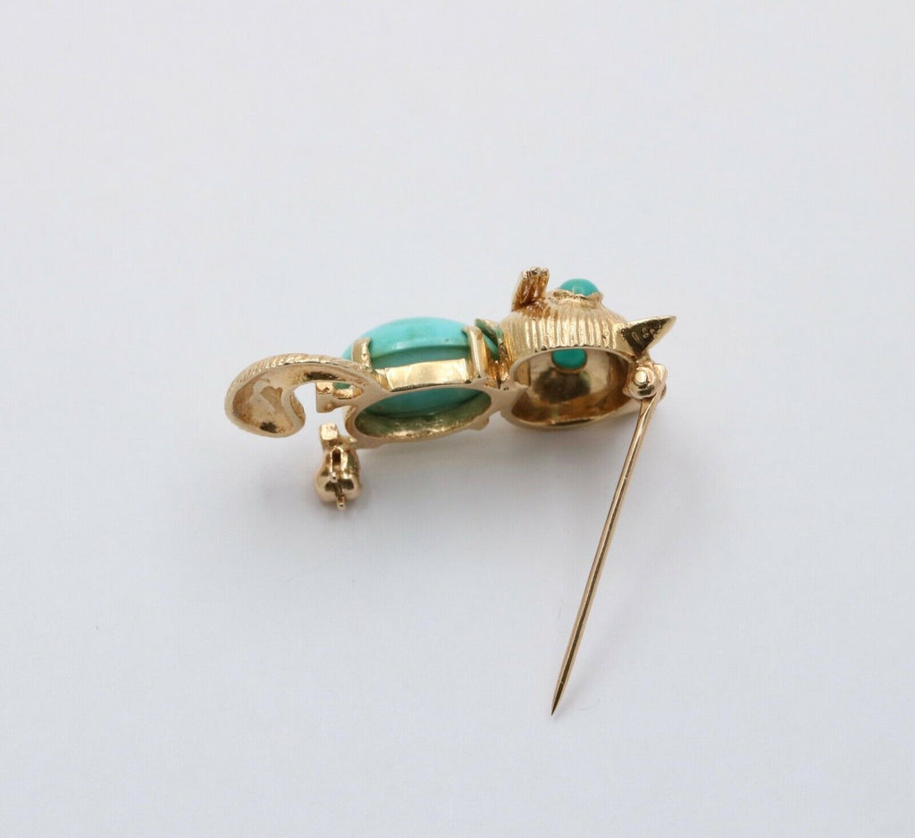 Vintage 14K Yellow Gold Turquoise Kitty Cat Brooch, Pin