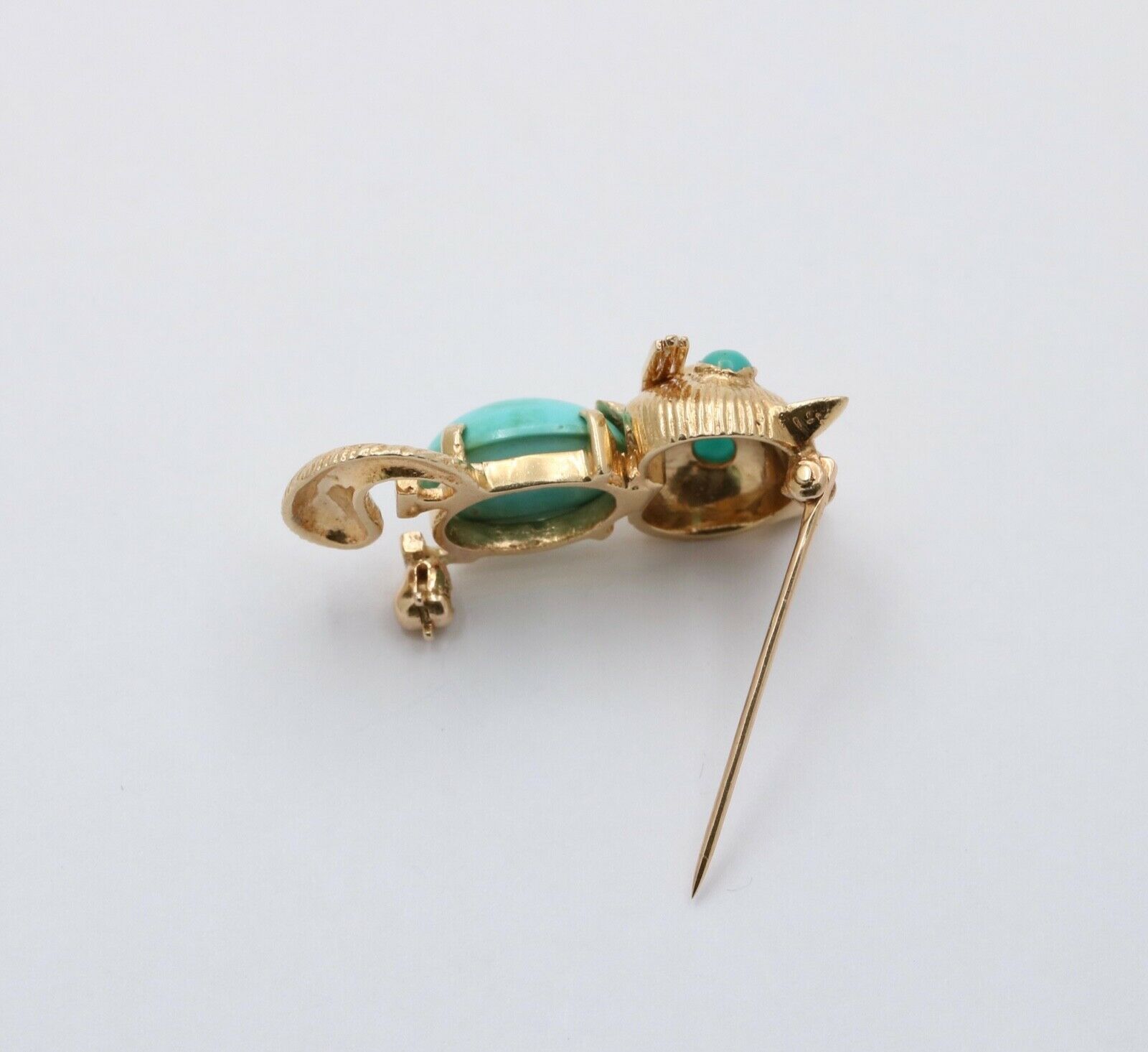 Vintage 14K Yellow Gold Turquoise Kitty Cat Brooch, Pin
