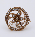 Antique Victorian 14K Yellow Gold Diamond and Pearl Floral Brooch, Pin