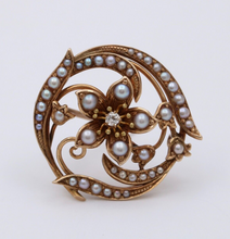 Load image into Gallery viewer, Antique Victorian 14K Yellow Gold Diamond and Pearl Floral Brooch, Pin
