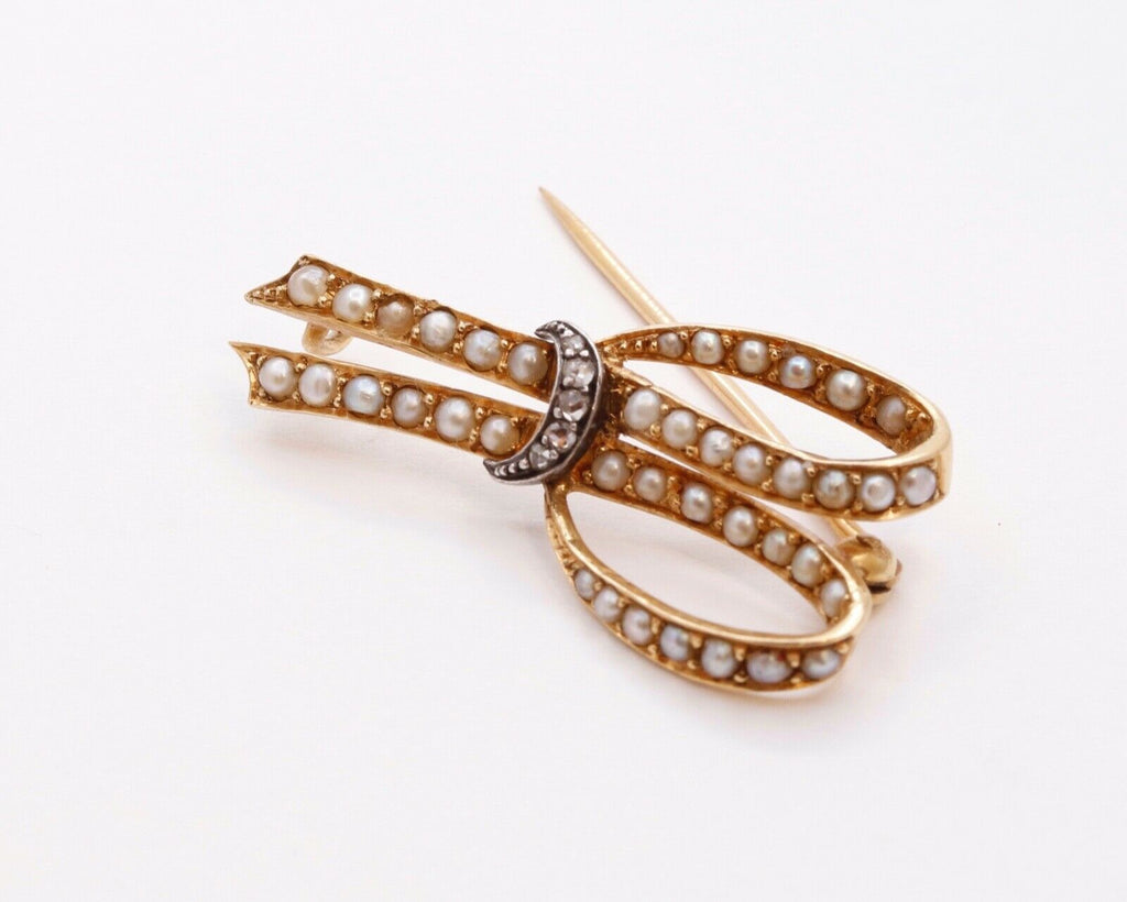 Victorian Ribbon 18K Yellow White Gold Diamonds Seed Pearls Brooch Pin