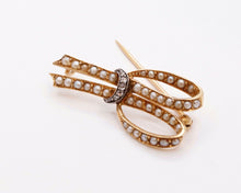 Load image into Gallery viewer, Victorian Ribbon 18K Yellow White Gold Diamonds Seed Pearls Brooch Pin
