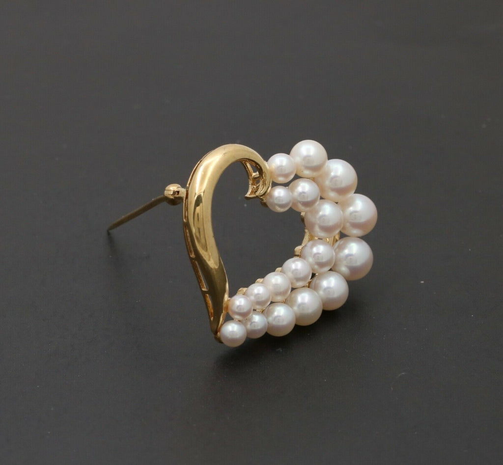 Mikimoto Heart 18K Yellow Gold Akoya Pearls Brooch Pin