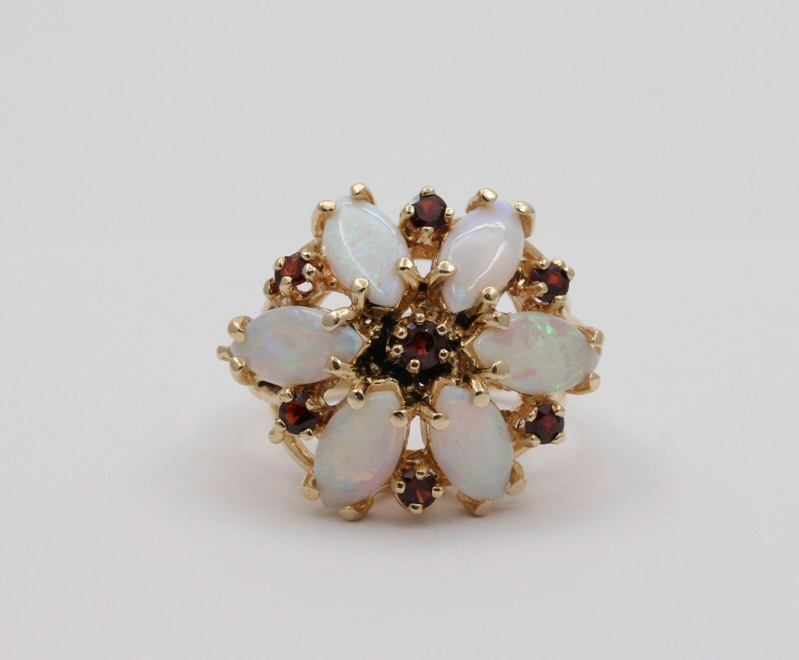 Vintage 14K Yellow Gold Floral Opal Garnet Ring