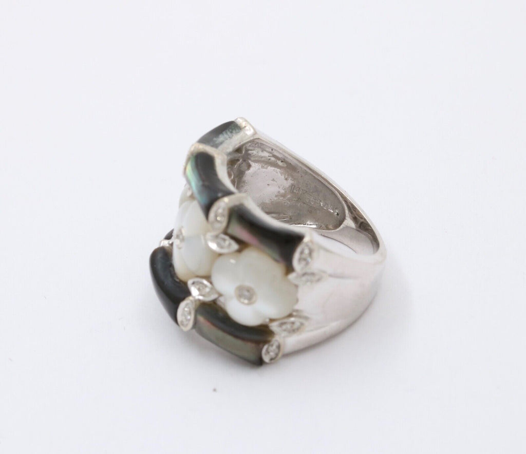 Vintage C&S Flower Moonstones Diamonds 14K White Gold Ring