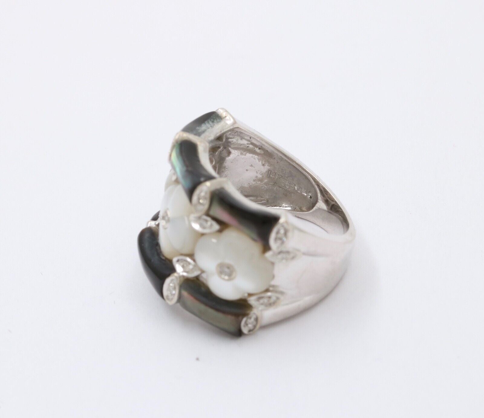 Vintage C&S Flower Moonstones Diamonds 14K White Gold Ring