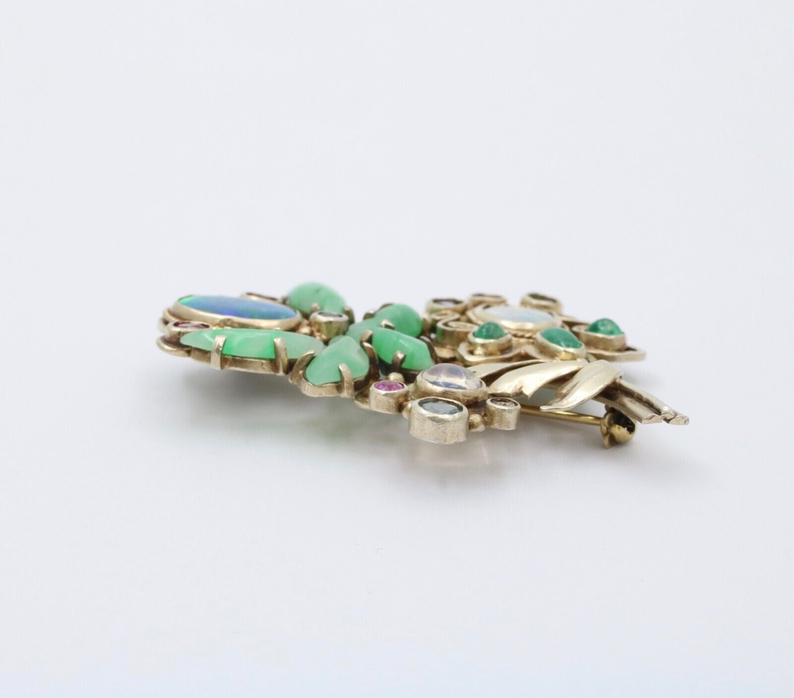 Antique Silver Art & Craft Opal & Jade Flower Brooch.