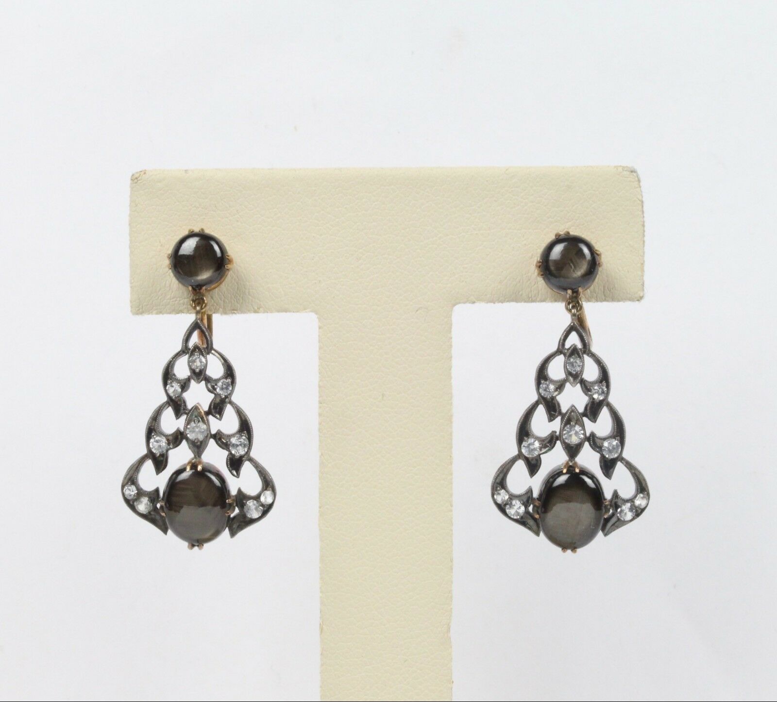 Victorian 14K Yellow Gold and Silver Black Star Sapphire Chandelier Earrings