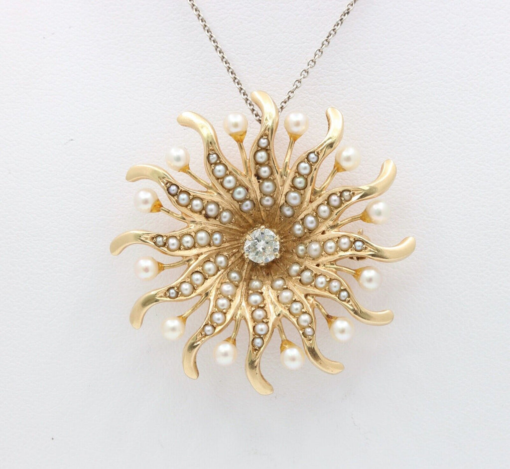 Antique Sunburst Diamonds Seed Pearls Brooch Pendant