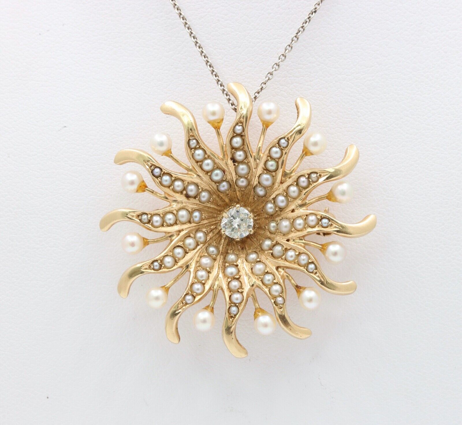 Antique Sunburst Diamonds Seed Pearls Brooch Pendant