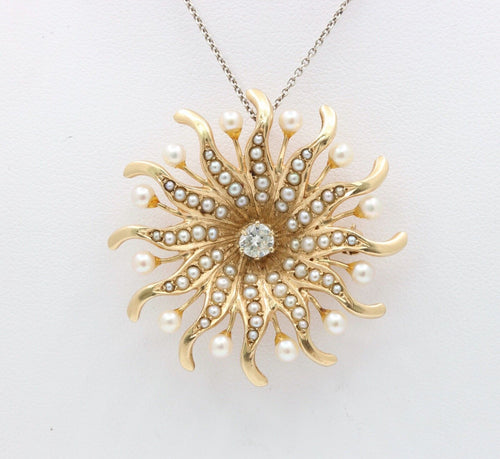 Antique Sunburst Diamonds Seed Pearls Brooch Pendant