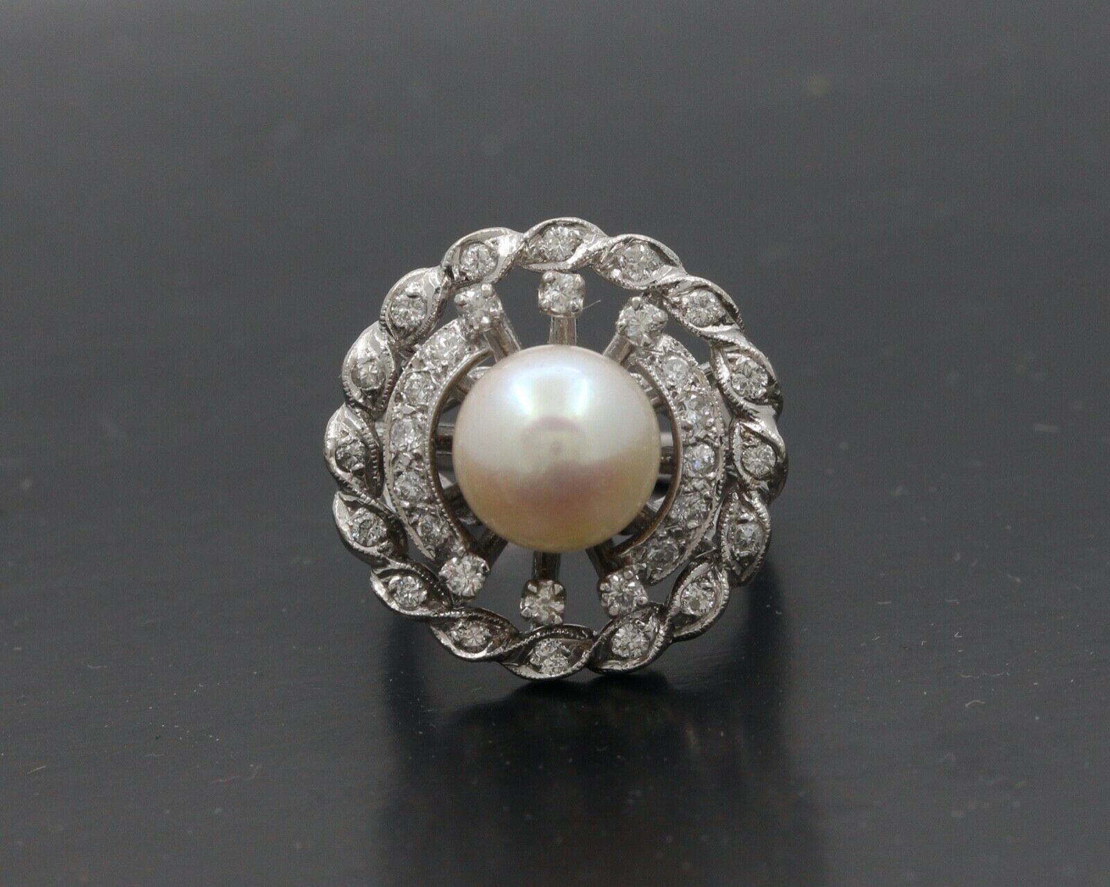Vintage 14K White Gold Pearl Diamond Floral Ring