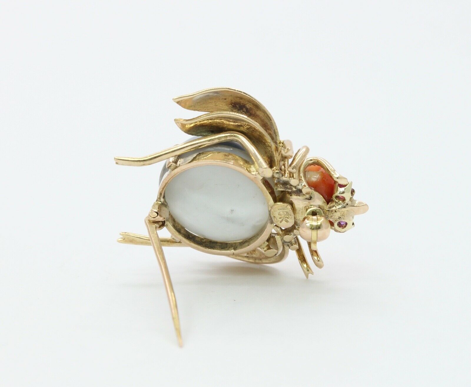 Vintage Ladybug 18K Yellow Gold Coral Made Pearl Brooch Pin