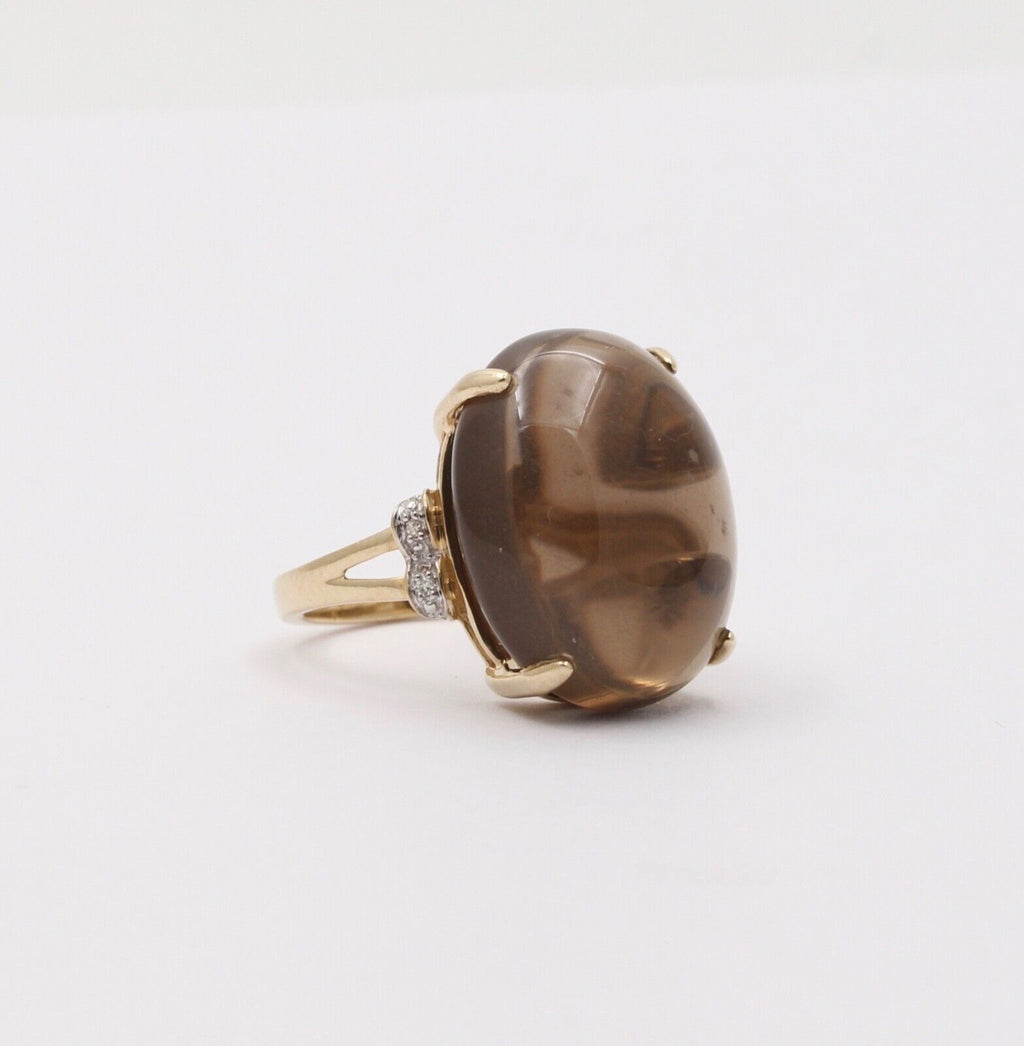 Vintage 10K Yellow Gold Smoky Topaz & Diamond Ring. Cocktail Ring