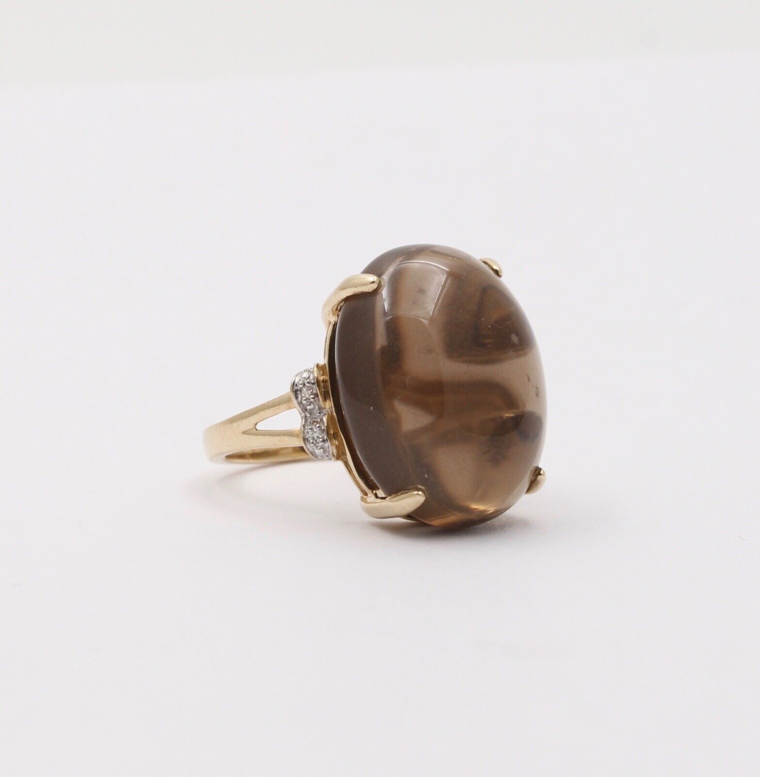 Vintage 10K Yellow Gold Smoky Topaz & Diamond Ring. Cocktail Ring