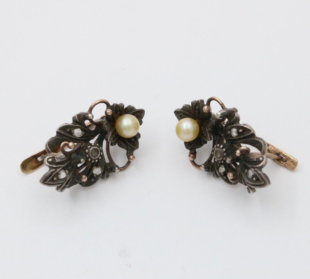 Victorian 10K Gold Diamond And Pearl Earrings