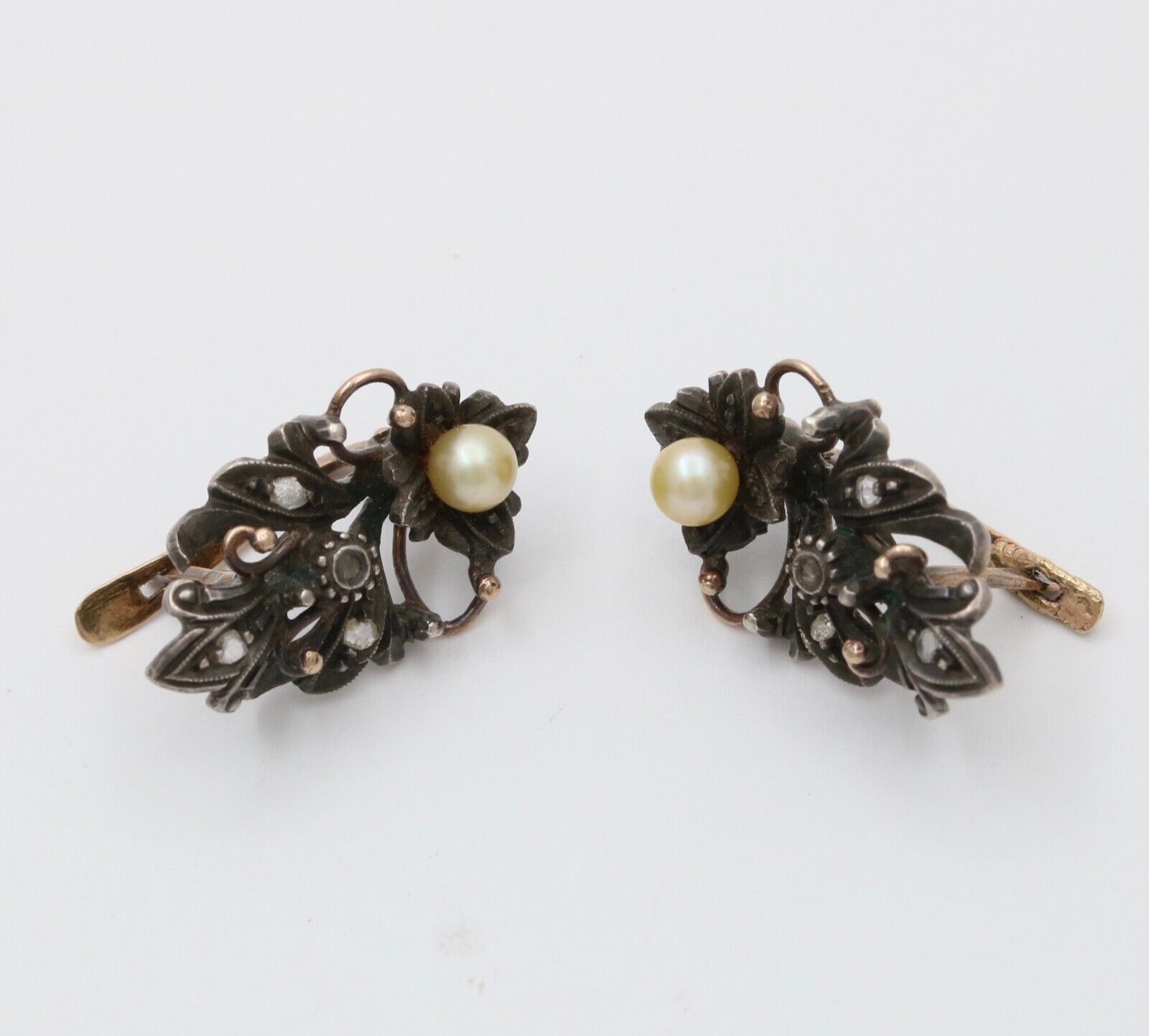 Victorian 10K Gold Diamond And Pearl Earrings