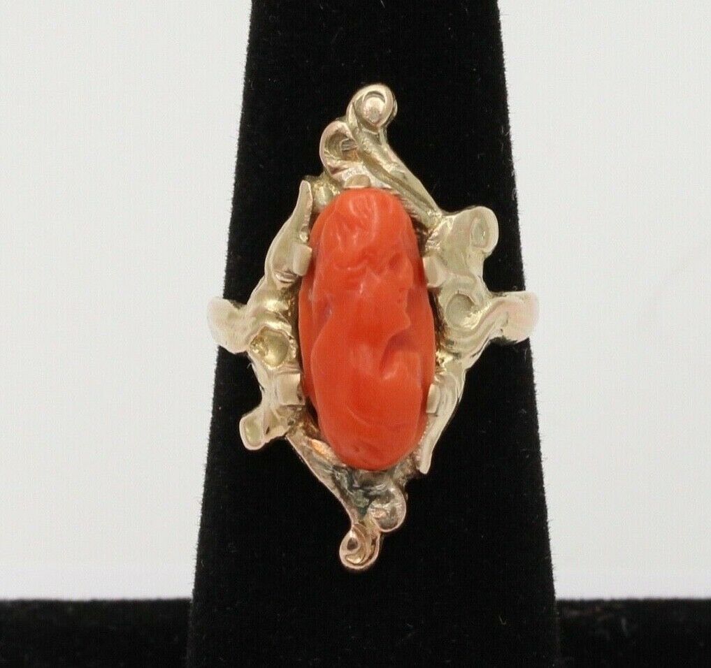 Victorian 14K Yellow Gold Carved Coral Woman’s Portrait Ring Antique Ring