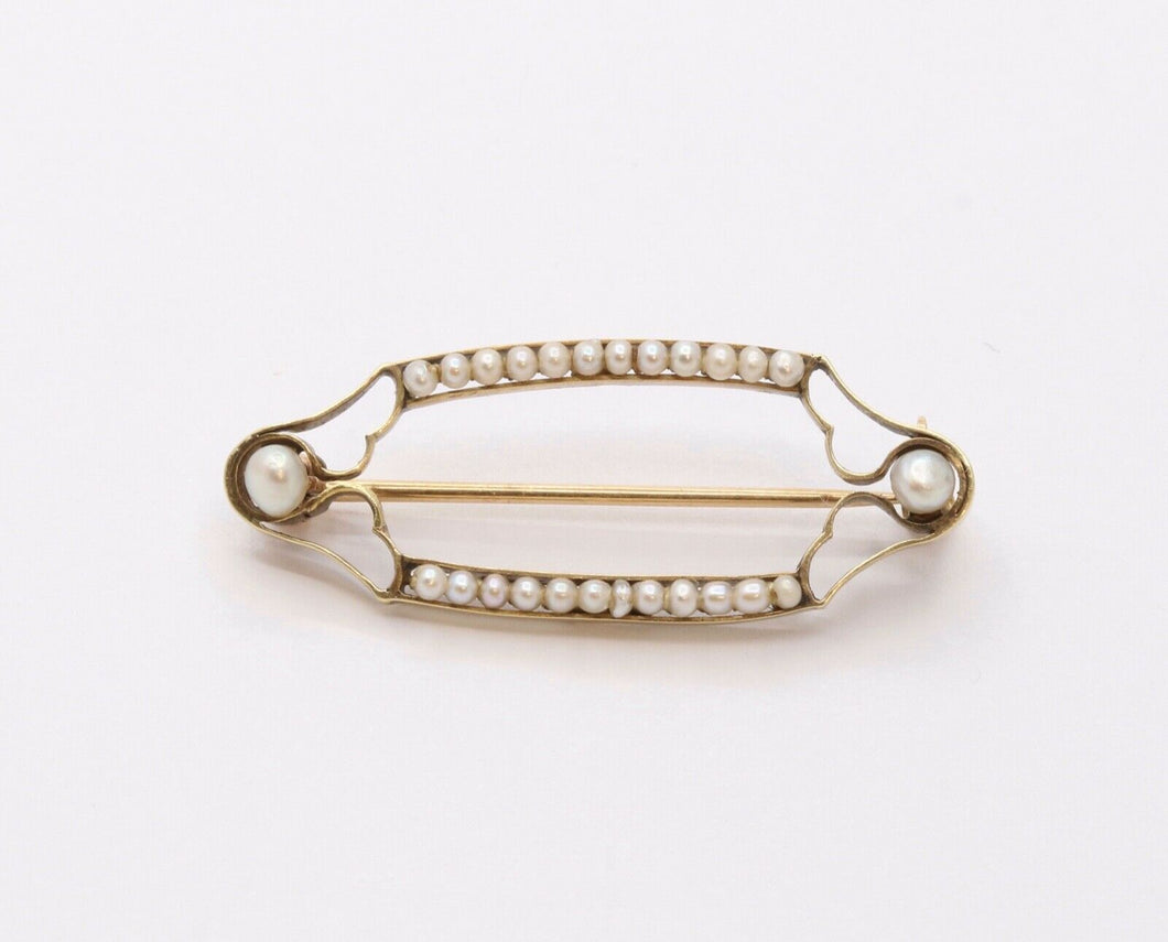 Victorian Edwardian 14K Yellow Gold Seed Pearls Retro Brooch Pin