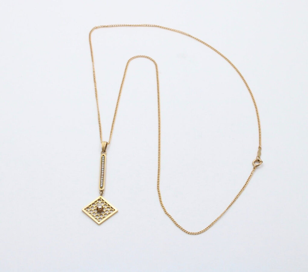 Edwardian Diamond & Pearl Lavaliere Pendant, Antique 10k Yellow Gold Necklace