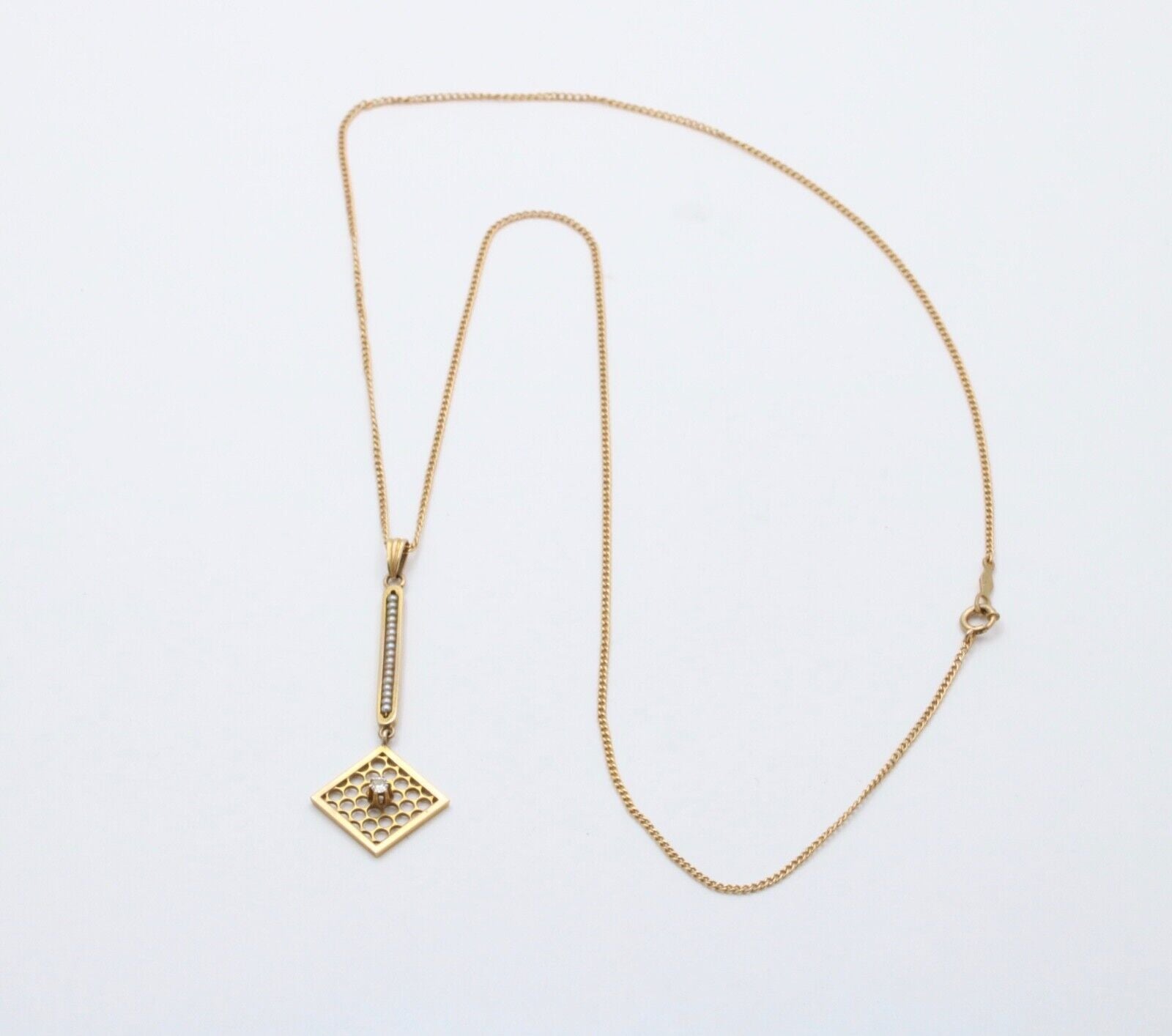 Edwardian Diamond & Pearl Lavaliere Pendant, Antique 10k Yellow Gold Necklace