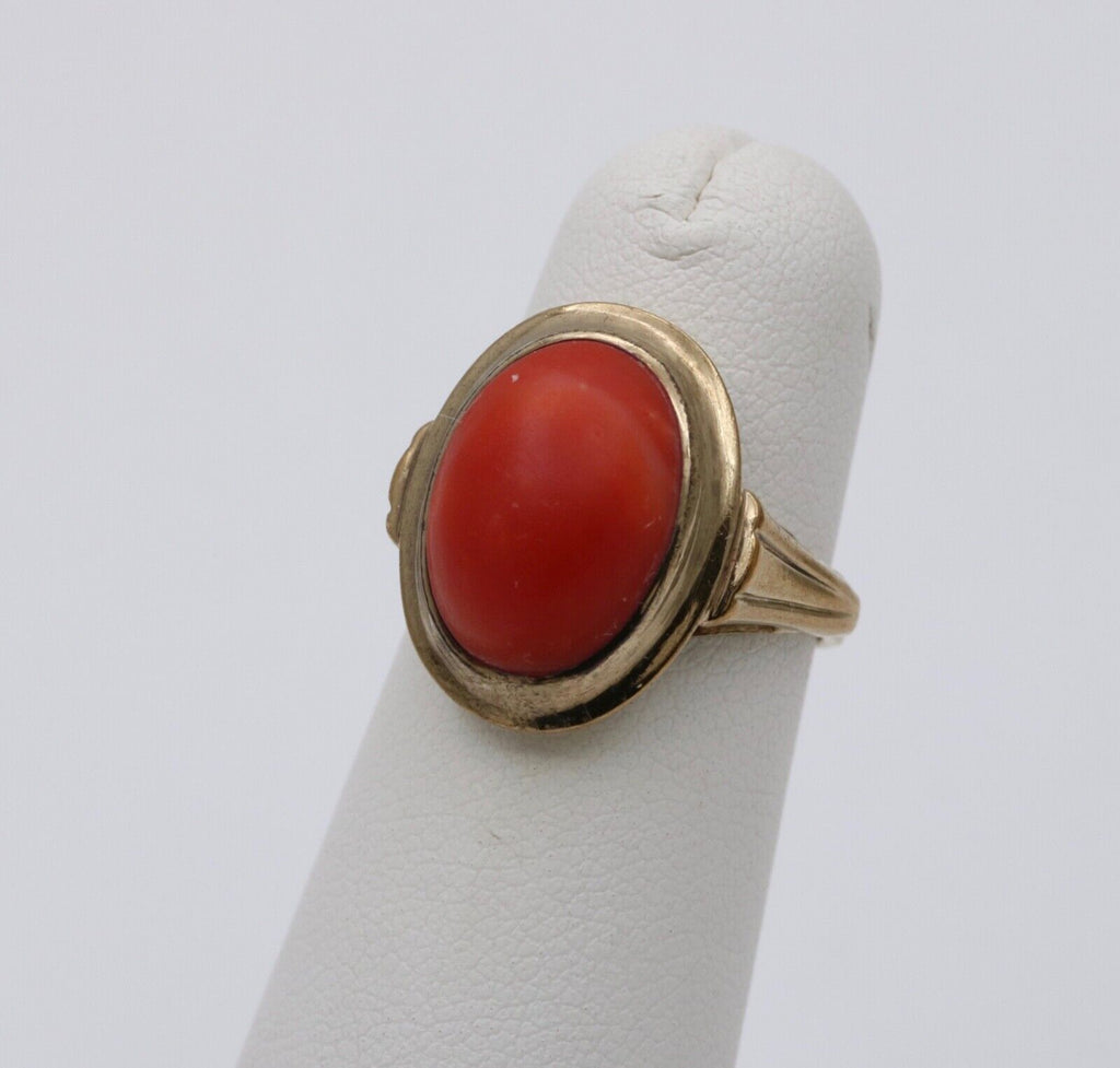 Antique Art Deco 9K Yellow Gold Coral Ring, Cocktail Ring.