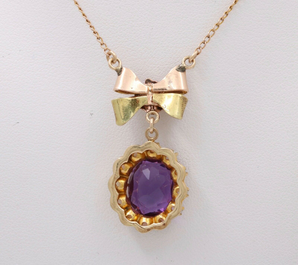 Vintage Bow Amethyst Opals 10K Yellow Gold Pendant and Chain