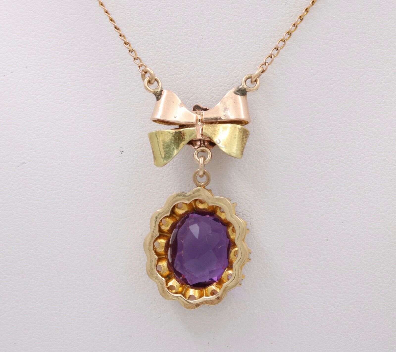 Vintage Bow Amethyst Opals 10K Yellow Gold Pendant and Chain