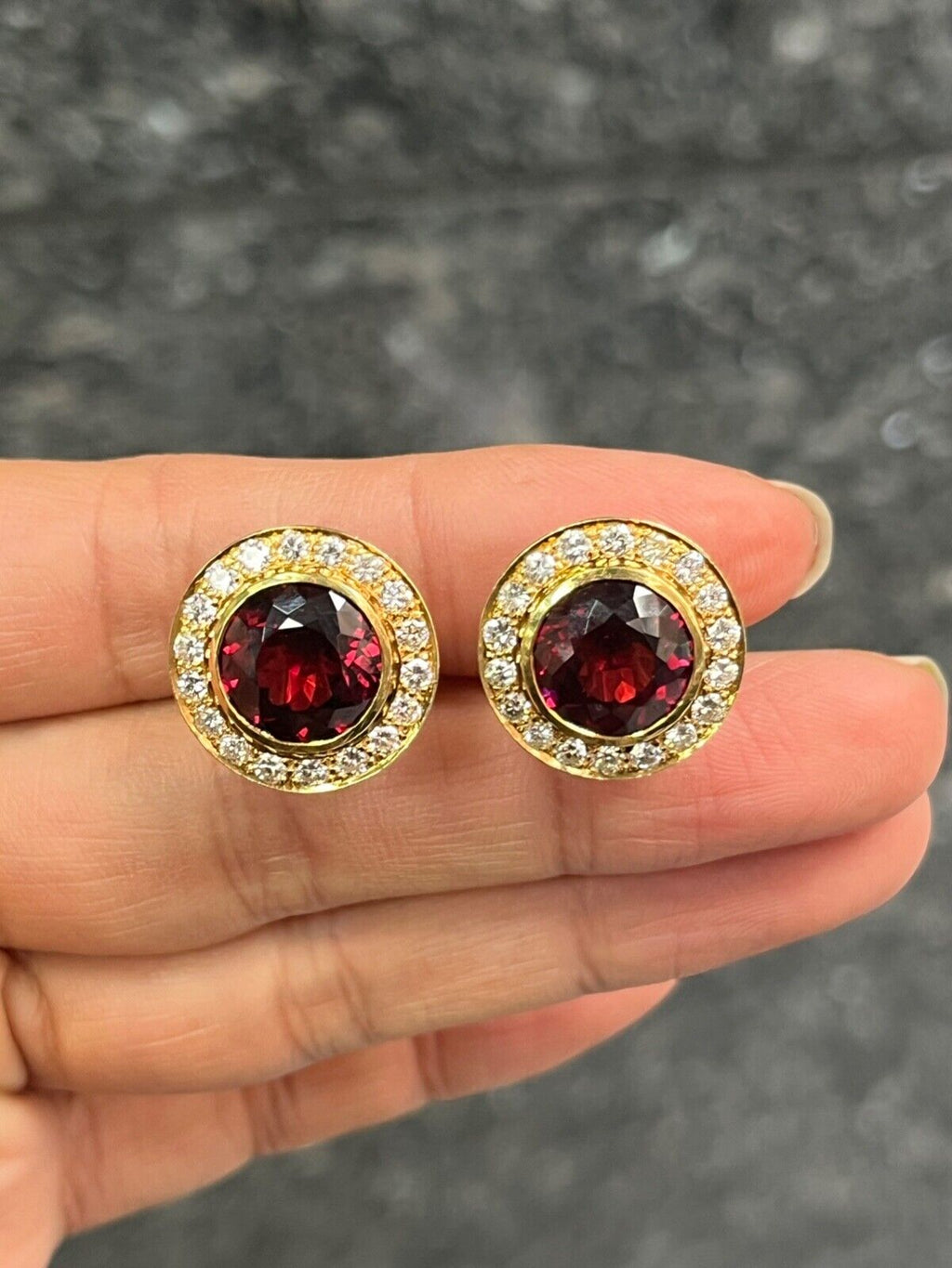 Vintage Rhodolite Garnet & Diamond Halo 18K Yellow Gold Earrings