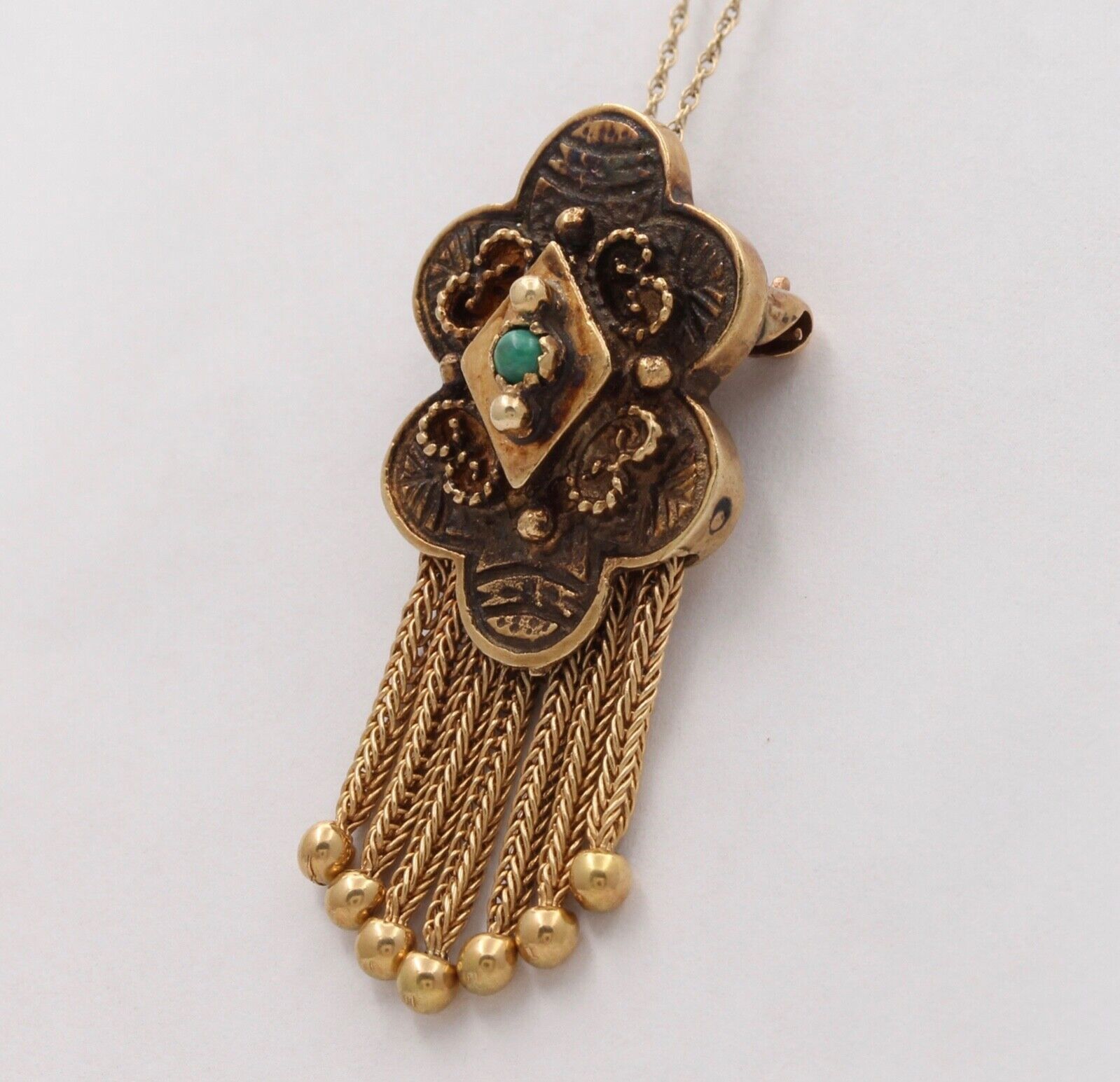 Victorian 14K Yellow Gold Shield Turquoise Foxtail Pendant Brooch