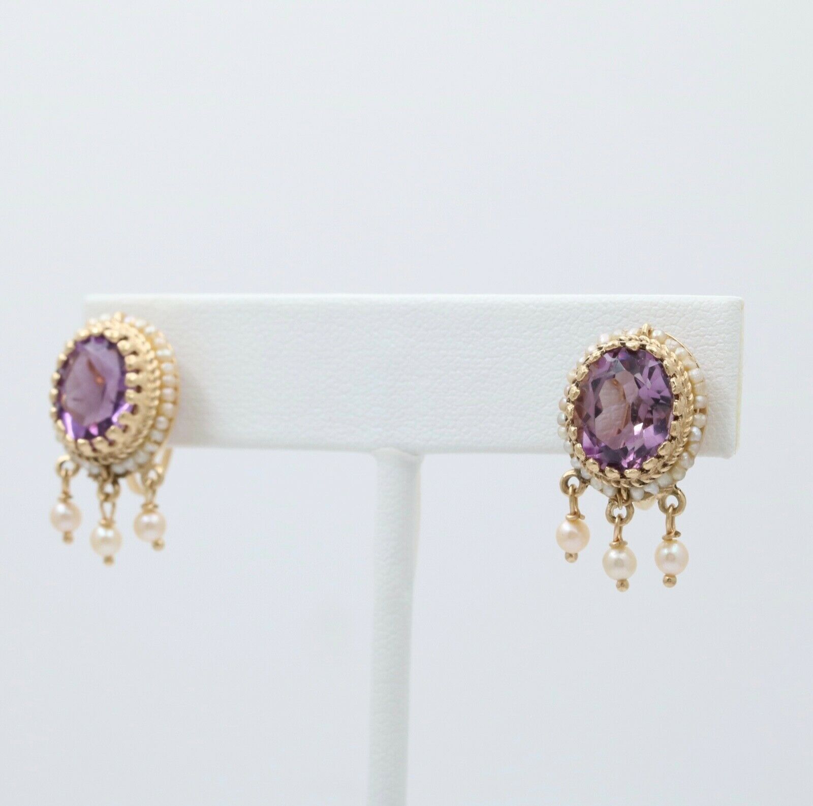 Victorian Revival Amethyst Pearls 14K Yellow Gold Earrings