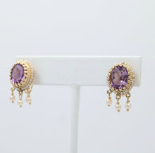 Load image into Gallery viewer, Victorian Revival Amethyst Pearls 14K Yellow Gold Earrings
